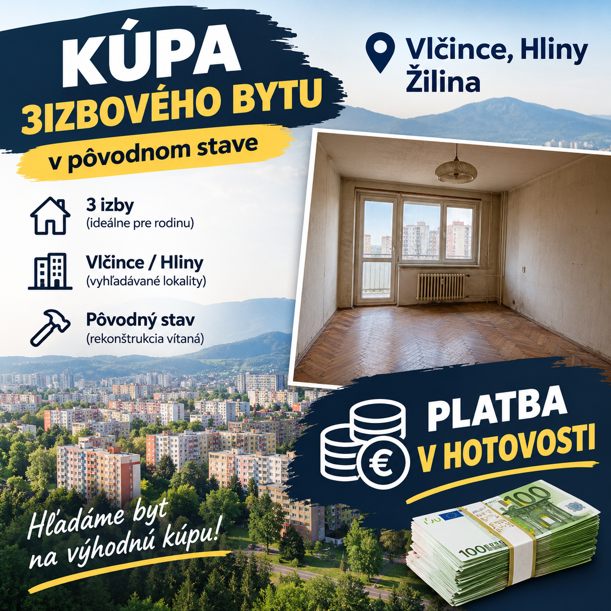 Kúpa, 3 izbový byt v pôvodnom stave do 180tis € Vlčince, Hliny, Bôrik
